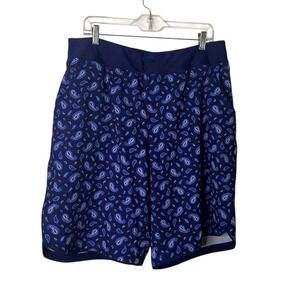 Lands End Womens Plus 18W Navy Blue Paisley Swim Shorts Pockets Built-in Brief